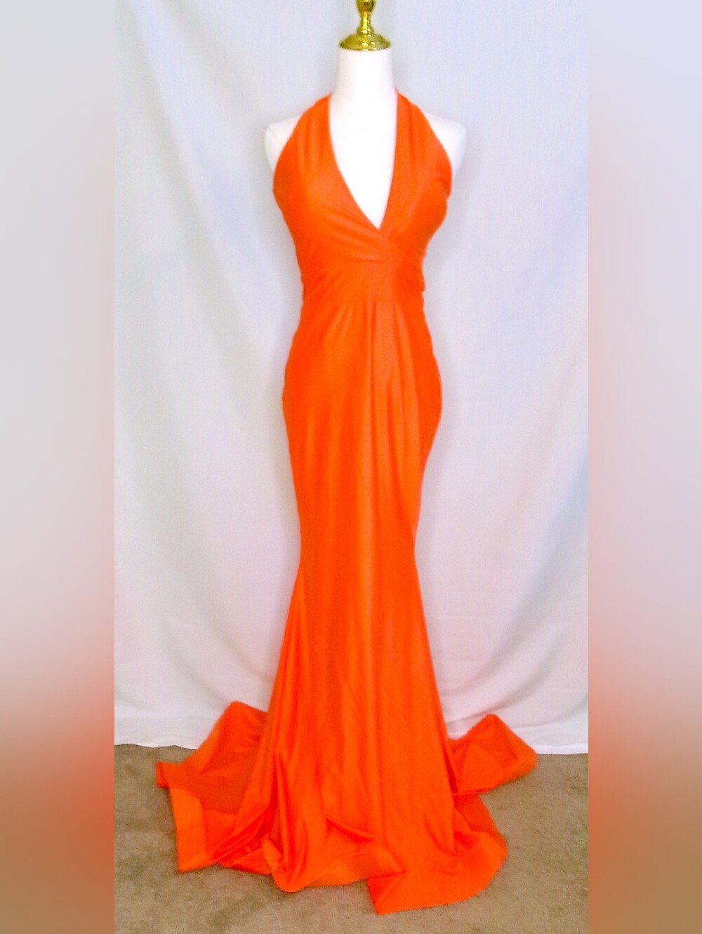 Jessica Angel Small Orange Halter Mermaid Prom Gown Open Back Train